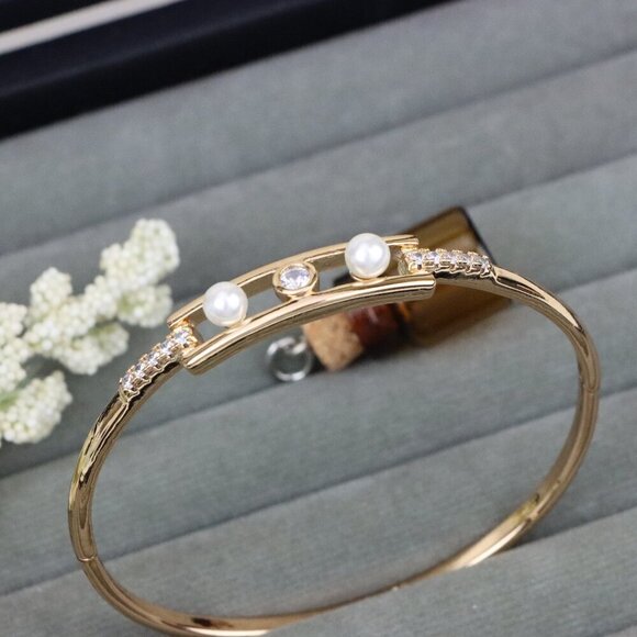 Elegant Rose Gold Bangle with Pearl & CZ Accents, XPBL0450 - Picture 1 of 12